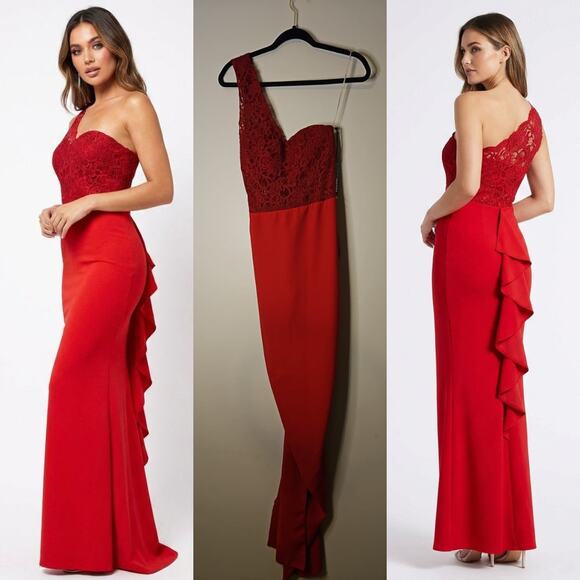 Issue New York Dresses & Skirts - Issue New York One-Shoulder Red Lace Evening Gown XS